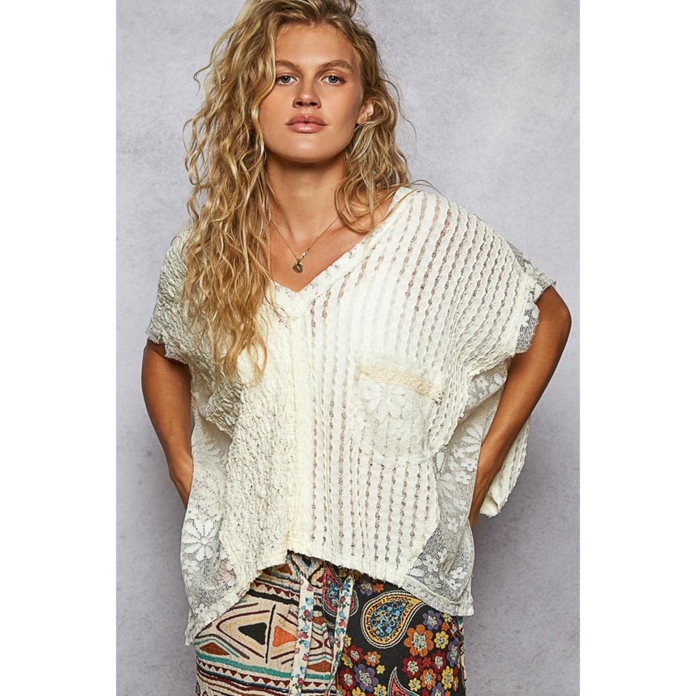 POL Cream Lace and Knit Short Sleeve Top